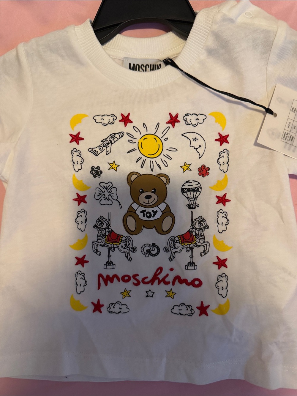 Moschino White Tee with Multicolor Teddy & Carousel Print